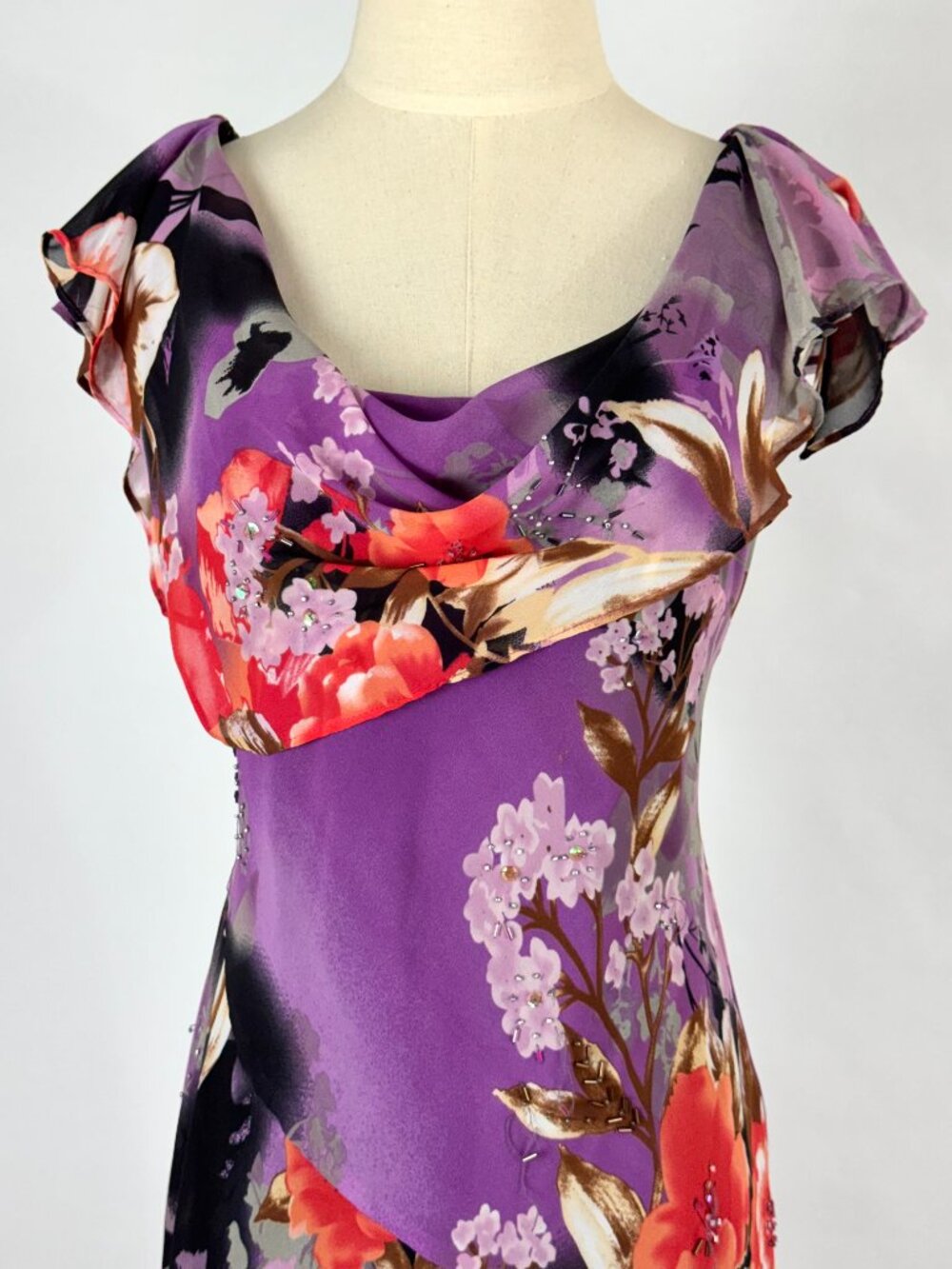 Vtg Y2K Purple Floral Asymmetrical Dress Handkerchief Hem Flutter Sleeve Fairy - Picture 2 of 13